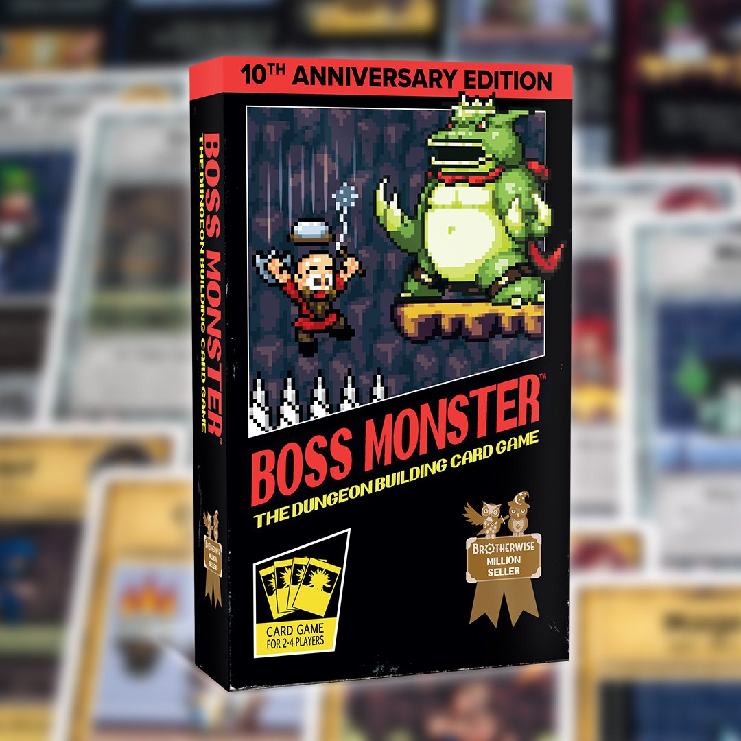Boss Monster 10th Anniversary Box on a slightly blurred background of cards