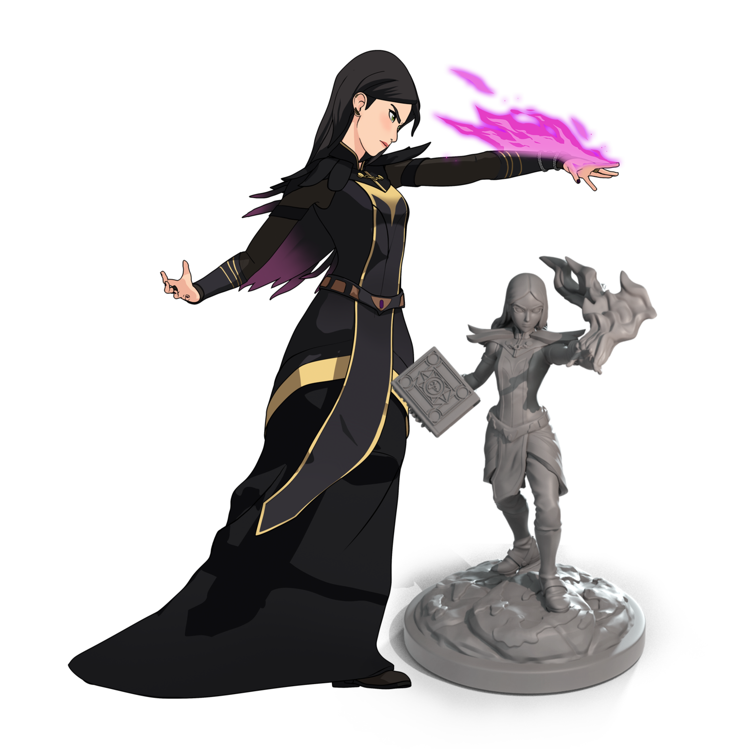 Claudia with purple fire on her hand next to her 3D model miniature